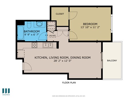 Floor plan for 1 bed, 1 bath, 626 sqft